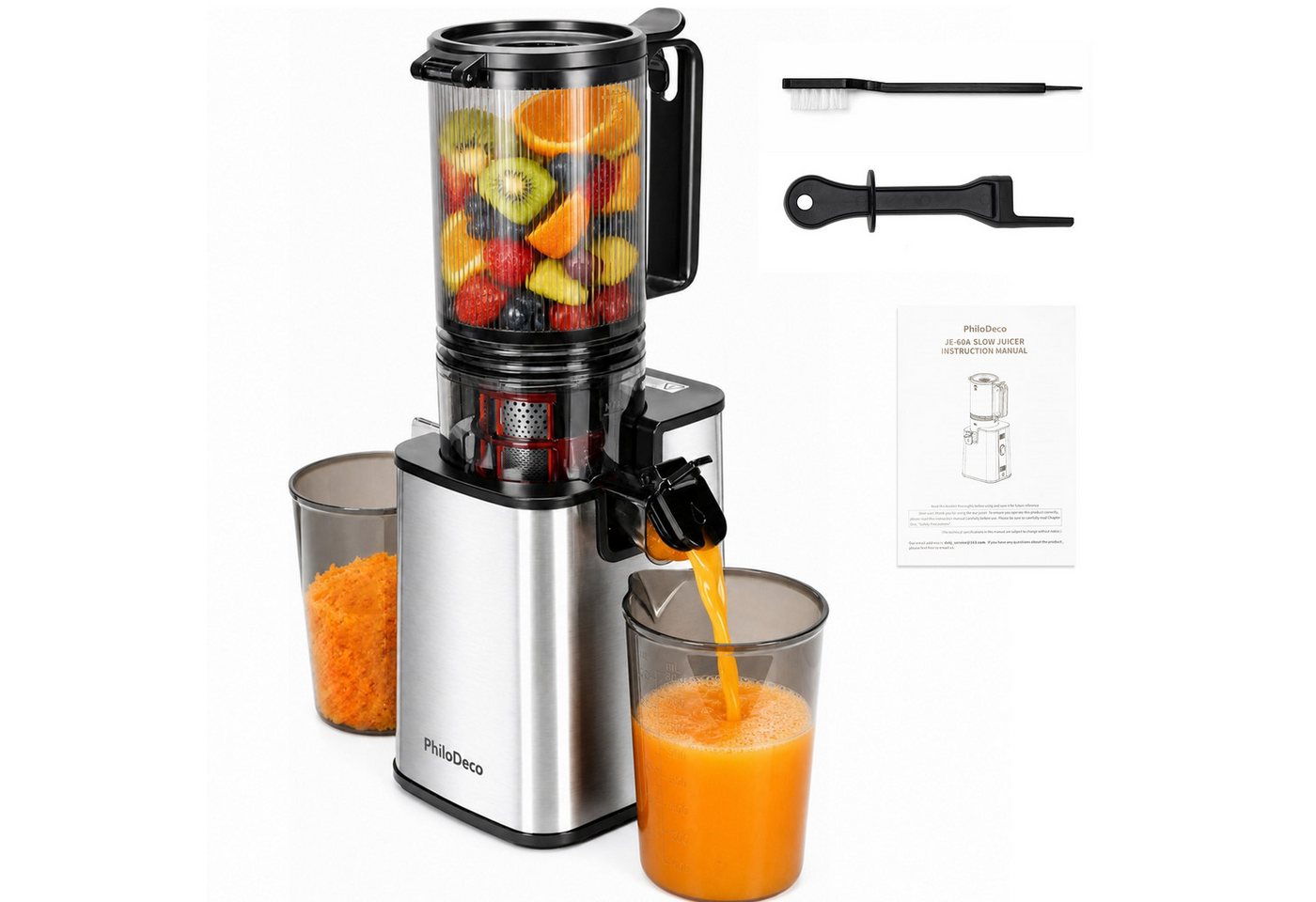 WHEELYOU Slow Juicer Entsafter mit 110-mm-XXL-Öffnung für ganze Früchte und Gemüse, 250 W, Kaltpress-Saftpresse mit Doppelsieb, 40 Nm und Rückwärtslauf Bild 3