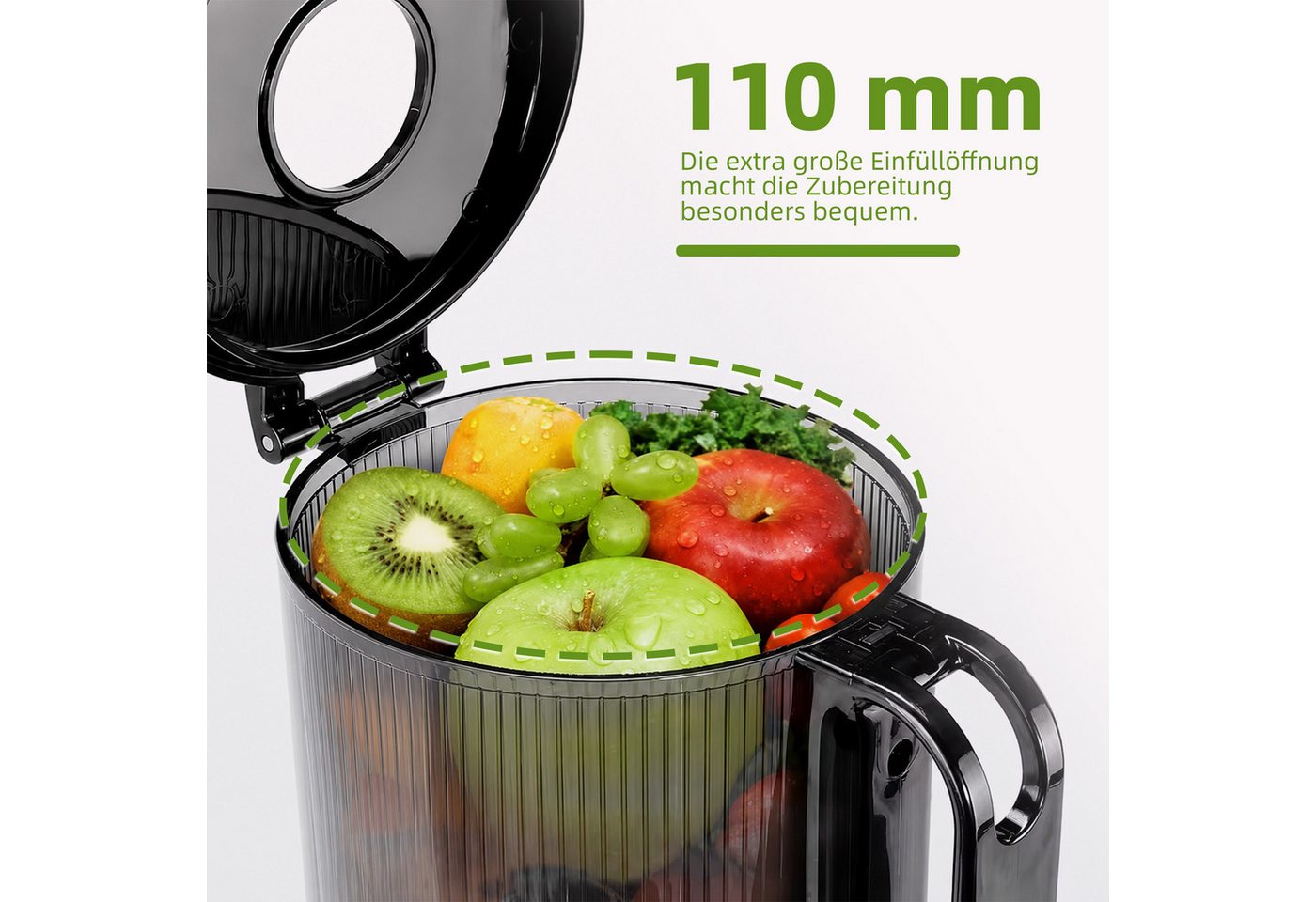 WHEELYOU Slow Juicer Entsafter mit 110-mm-XXL-Öffnung für ganze Früchte und Gemüse, 250 W, Kaltpress-Saftpresse mit Doppelsieb, 40 Nm und Rückwärtslauf Bild 4