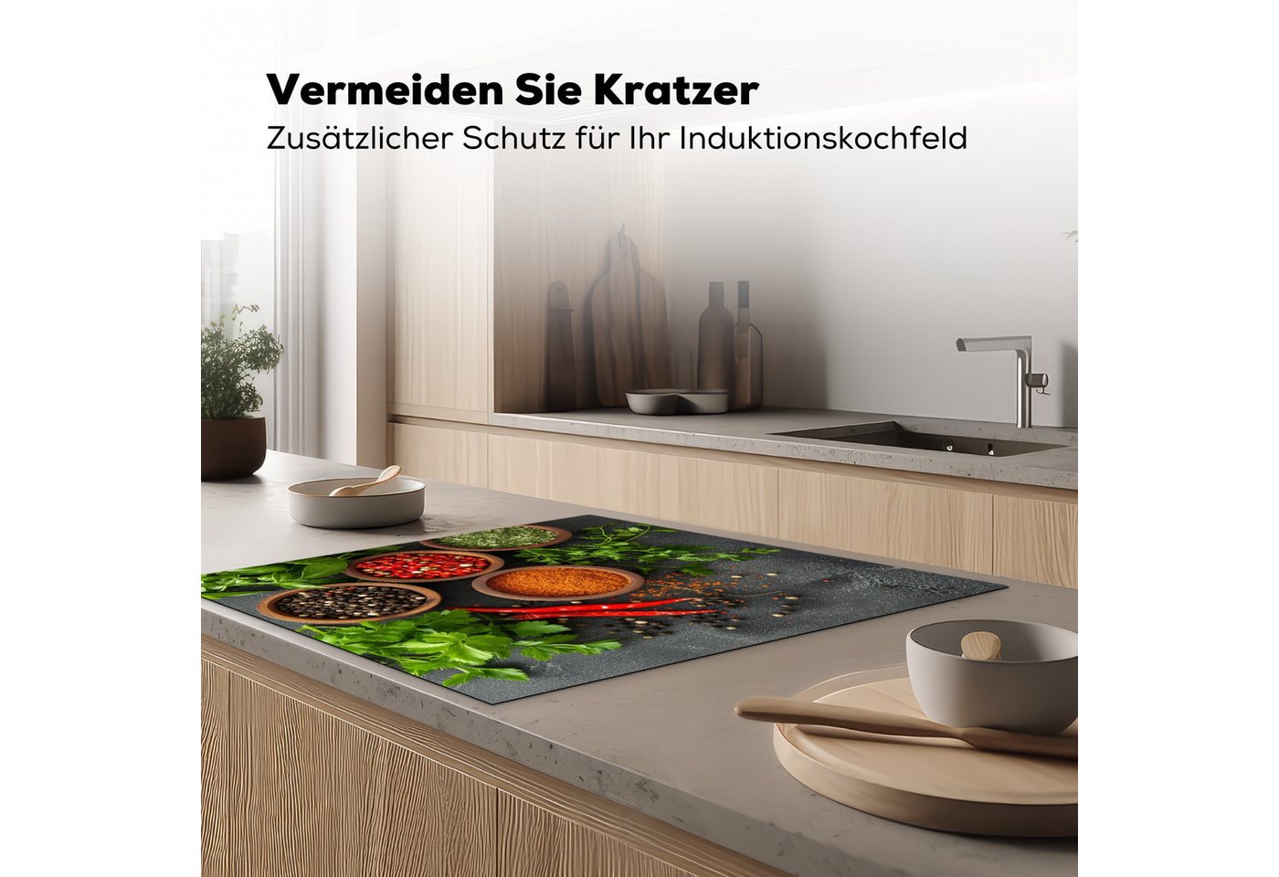 MuchoWow Herd-Abdeckplatte Kräuter - Paprika - Betonoptik/print, Vinyl, (1 tlg), Küche Herdabdeckung Ceranfeld Induktionsfeld Vinyl, 60x60 cm Bild 2