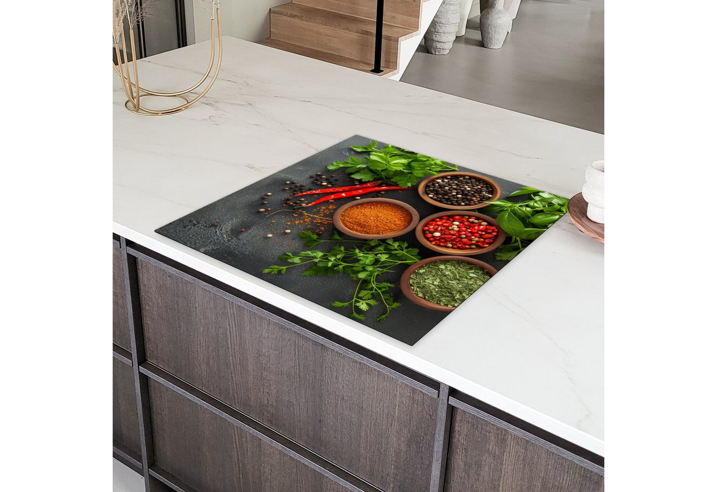 MuchoWow Herd-Abdeckplatte Kräuter - Paprika - Betonoptik/print, Vinyl, (1 tlg), Küche Herdabdeckung Ceranfeld Induktionsfeld Vinyl, 60x60 cm Bild 5