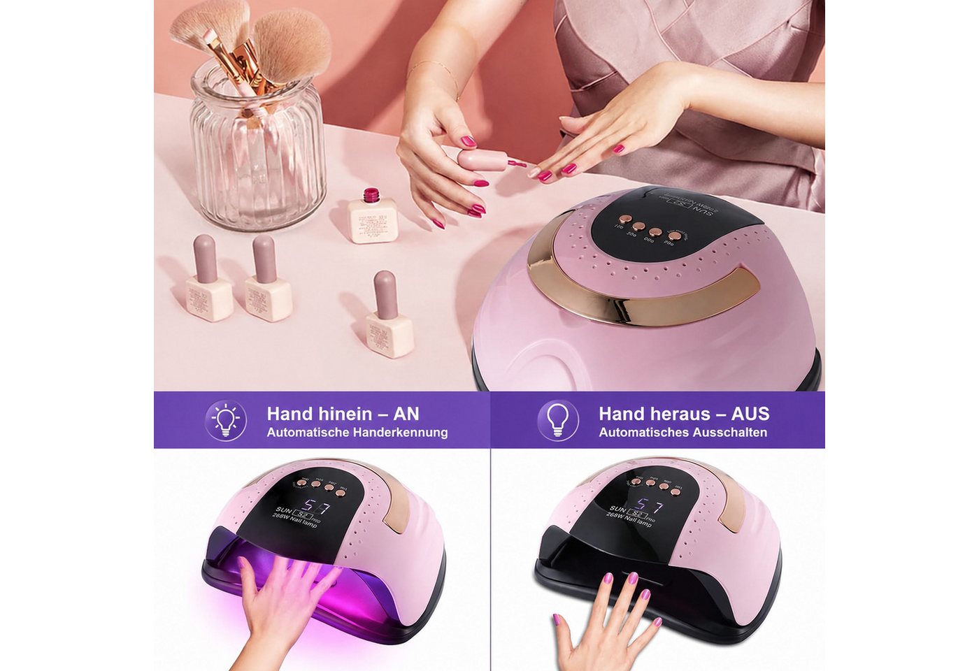 KINSI Lichthärtungsgerät UV LED Nagellampe 268W, 57 LEDs, Sensor, Timer, Gel Lack Maniküre, 10s-30s-60s-99s, Schnelle und gleichmäßige Aushärtung Bild 5