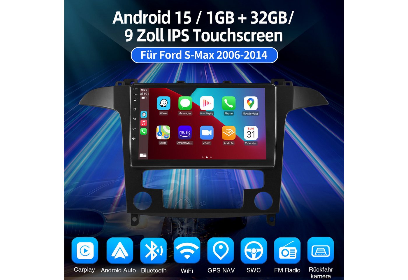 ESSGOO DAB+ Für Ford S-Max 2007-15 Android 15 Autoradio 2din Carplay GPS Navi Autoradio (RDS, 4+64GB(optional), Digitalradio (DAB), FM, GPS, 1280*720, SWC, Carplay Android Auto Bluetooth EQ USB GPS Navi WIFI Touchscreen)
