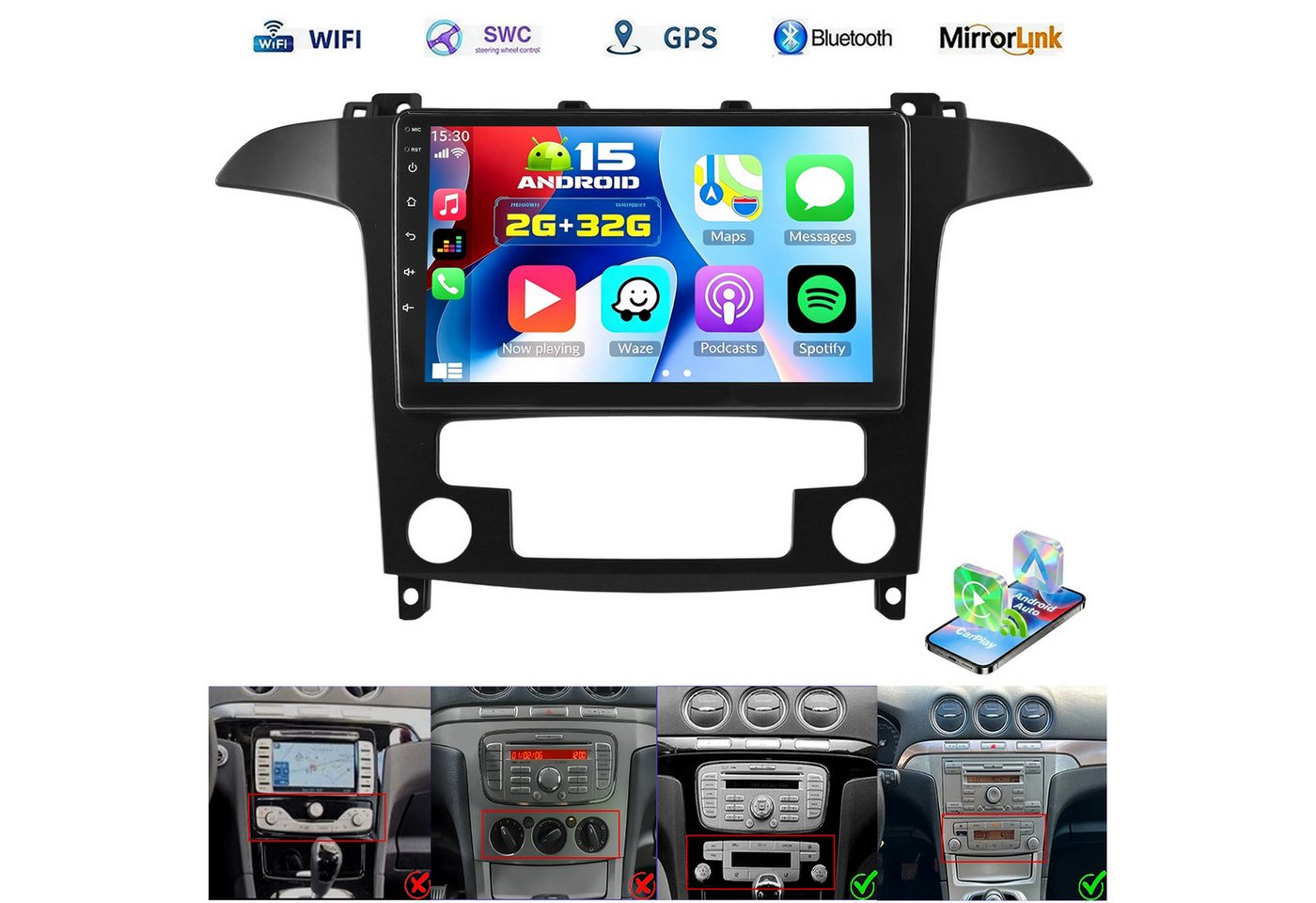 ESSGOO DAB+ Für Ford S-Max 2007-15 Android 15 Autoradio 2din Carplay GPS Navi Autoradio (RDS, 4+64GB(optional), Digitalradio (DAB), FM, GPS, 1280*720, SWC, Carplay Android Auto Bluetooth EQ USB GPS Navi WIFI Touchscreen) Bild 3
