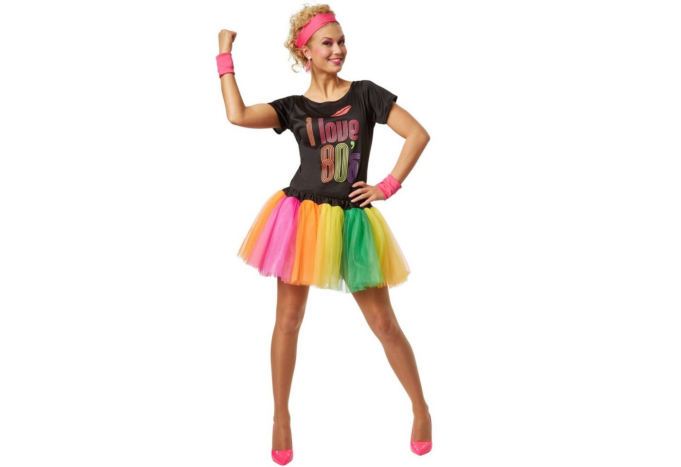 dressforfun Hippie-Kostüm Tänzerin/Partygängerin, in bunt, Fetziges Partykostüm im 80er-Style, Gr. M, Schwarzes Oberteil mit Aufdruck „I love 80´s“ und Kussmund Bild 4