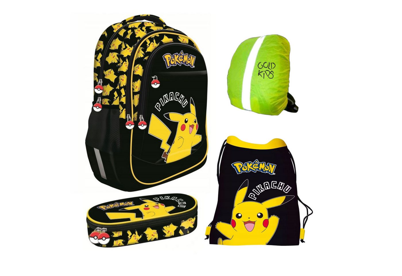 GOLDKIDS Schulranzen für Jungen und Mädchen, 4er-Set - (Schul-Rucksack für Kinder mit, 1-tlg., Schlampermäppchen - Schuhbeutel und Regenschutz), - Pokemon Motiv - 1-3 Klasse