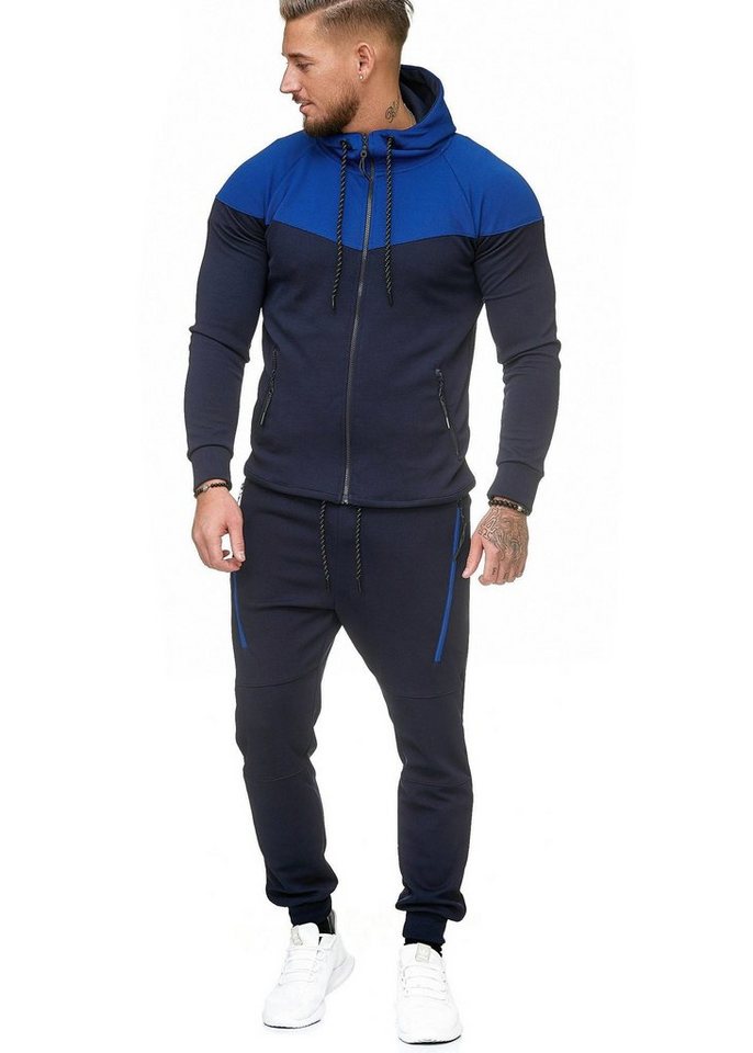 L.gonline Freizeitanzug Herren Jogginganzug, Freizeitanzug 984 schwarz/blau S (Kapuzenjacke mit Reißverschluss, Hose, 2-tlg), Fitness Freizeit Casual