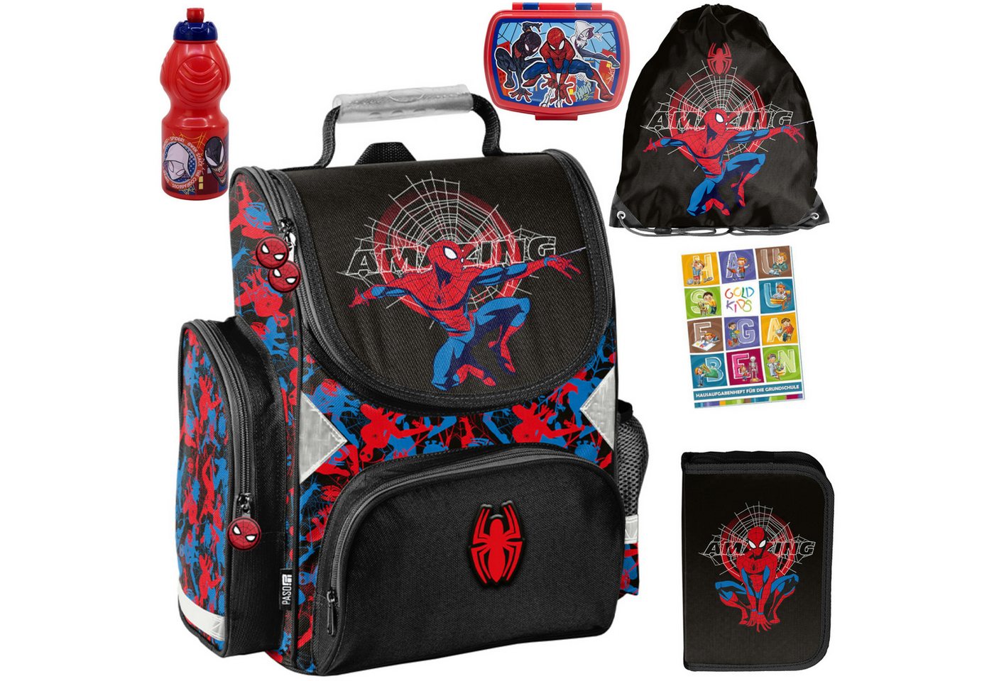 GOLDKIDS Schulranzen für Jungen und Mädchen, Set - (Schul-Rucksack für Kinder mit Federmäppchen -, 6-tlg., Schuhbeutel und Hausaufgabenheft), - Spiderman 1-3 Klasse