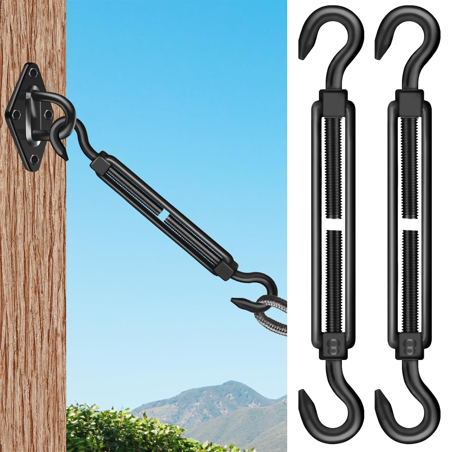 Lot De 2 Tendeurs À Crochet M8 En Acier Inoxydable 304, Noir, Robustes, Pour La Tension Des Câbles Métalliques Et La Fixation D'Abris Solaires.