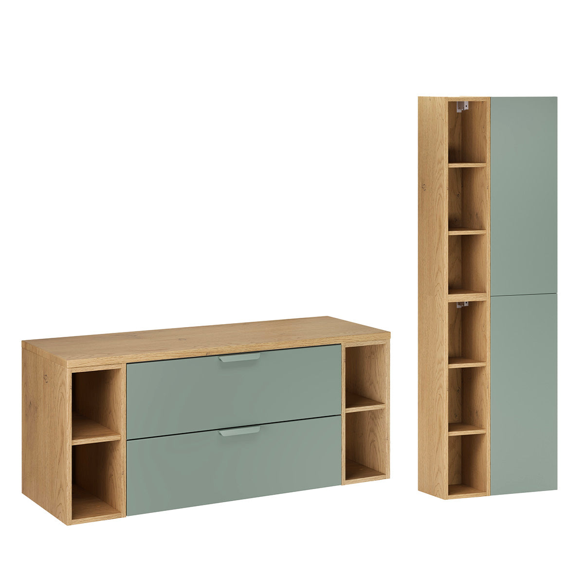 Set Waschtischunterschrank 120cm 4 Nischen Und Säule Oria Mattgrün