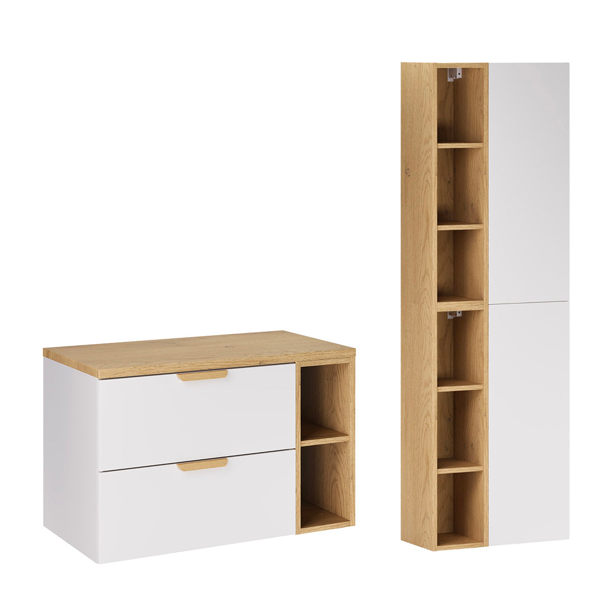 Set Waschtischunterschrank 80cm 2 Nischen Und Säule Oria Weiß Matt