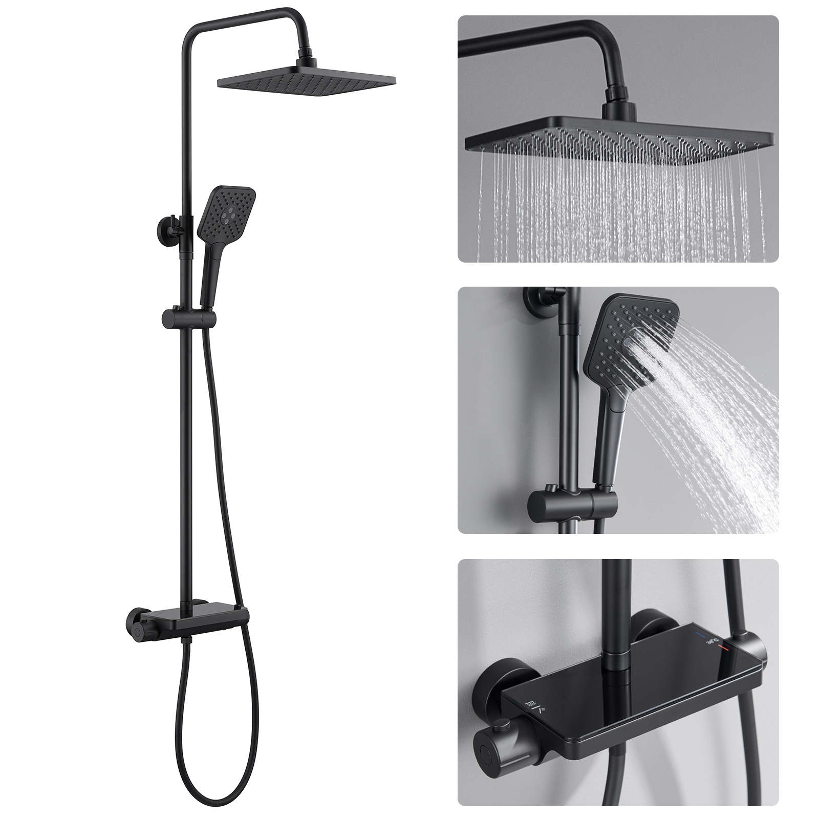 Auralum Max Sistema Doccia Con Termostato, Soffione A Pioggia Con Doccetta A 3 Funzioni, Soffione A Soffitto E Mensola Per Il Bagno, Nero