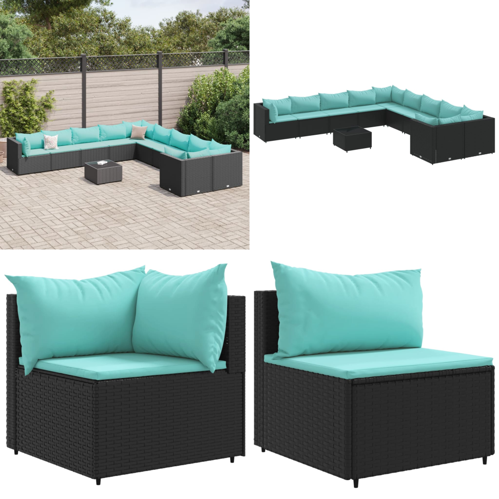 11-tlg. Garten-sofagarnitur Mit Kissen Schwarz Poly Rattan - Gartentisch - Rattanmöbel