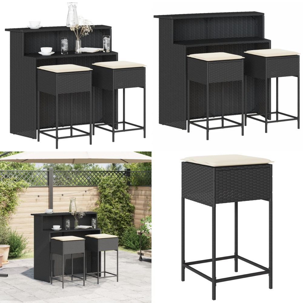 3-tlg. Gartenbar-set Mit Kissen Schwarz Poly Rattan - Gartenmöbel - Gartenstuhl