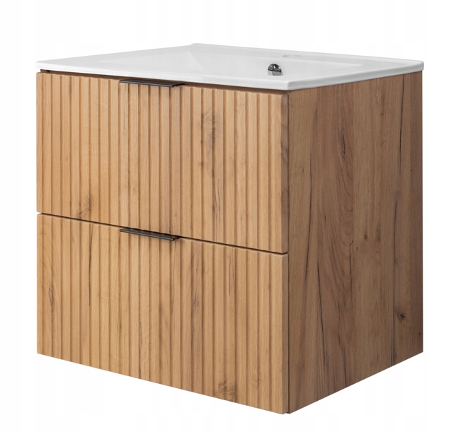 Rodan Waschtischunterschrank 60 Cm Eiche Craft Gold Hängend Mit Keramikwaschbecken Geriffelte Mdf-front Soft-close Flow