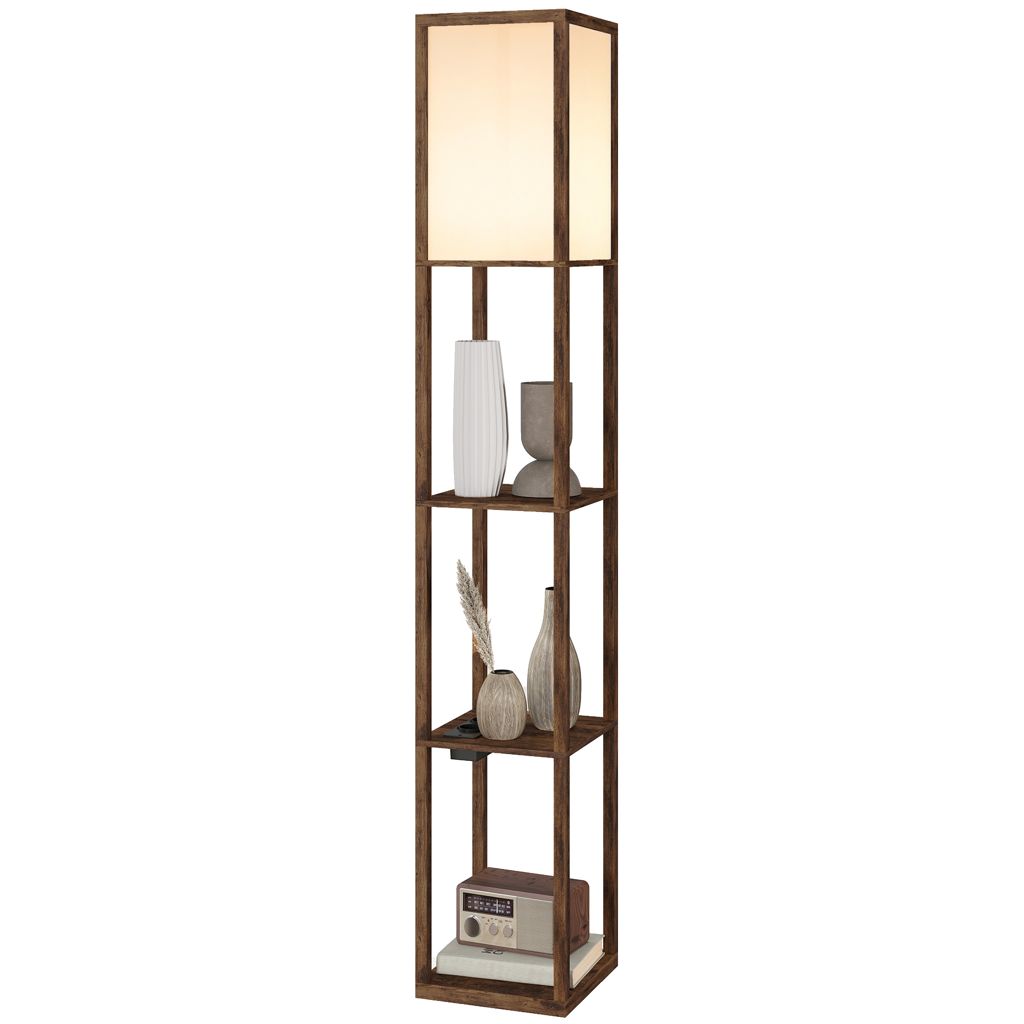 Braune Stehlampe Mit Ablagen, Verstellbarem Licht, Fußschalter Und Usb-anschlüssen.