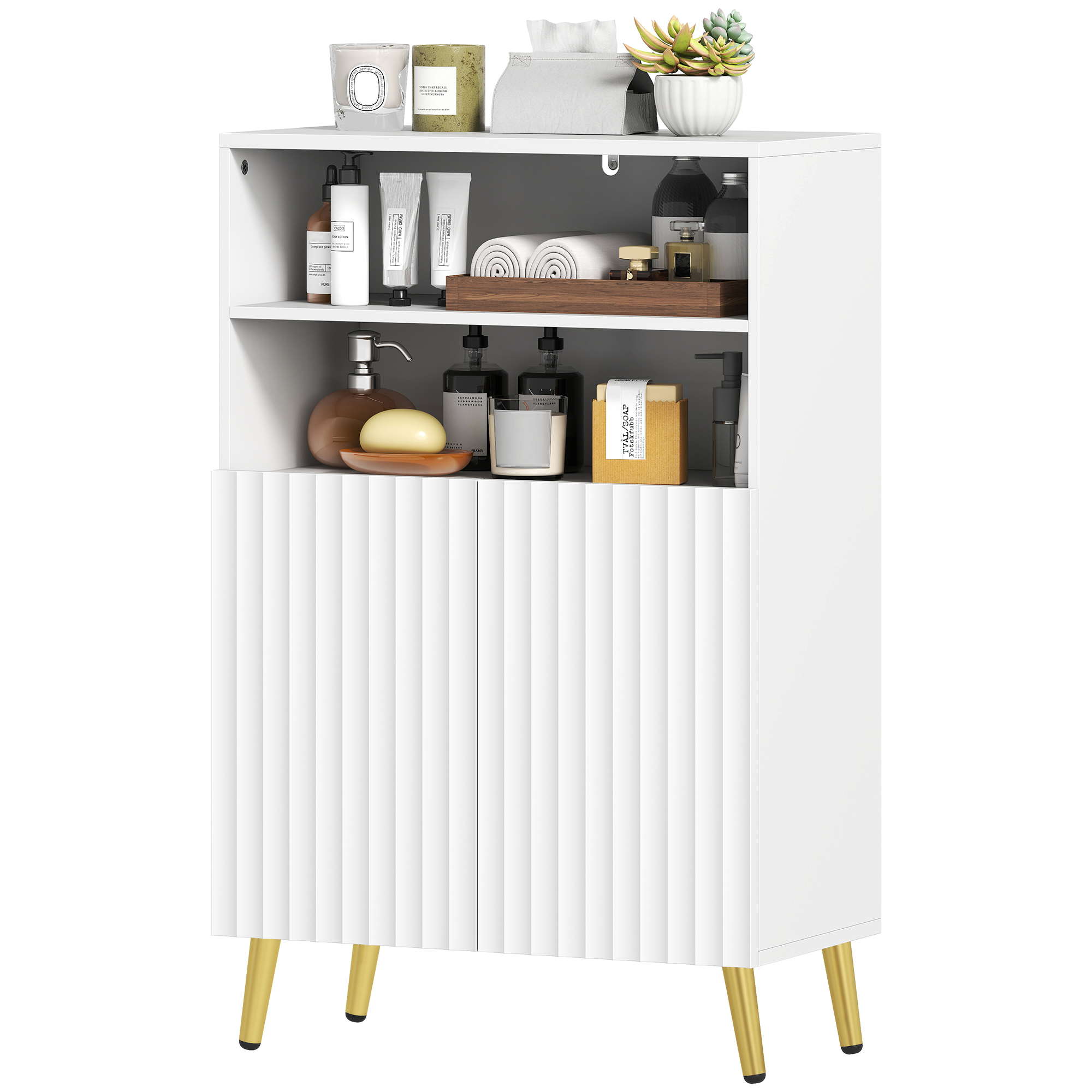 Schmaler Badezimmerschrank Mit 5 Einlegeböden, Geriffelten Türen Mit Soft-close-mechanismus, 60 X 31,8 X 93 Cm, Weiß