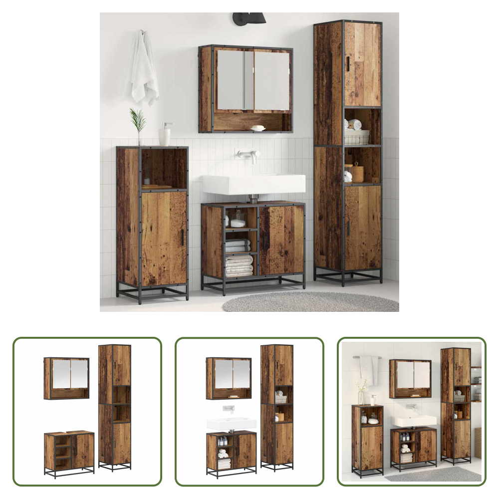 Vidaxl Holzwerkstoff - Badezimmermöbel-set Mit Regal 3 Pcs Altholz Holzwerkstoff