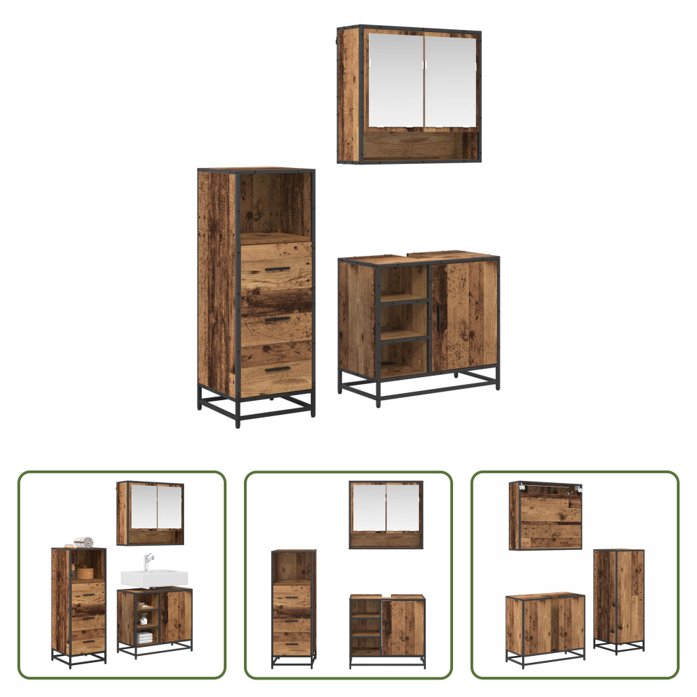 Vidaxl Altholz - Badezimmermöbel-set Mit Schubladen 3 Pcs Altholz Holzwerkstoff