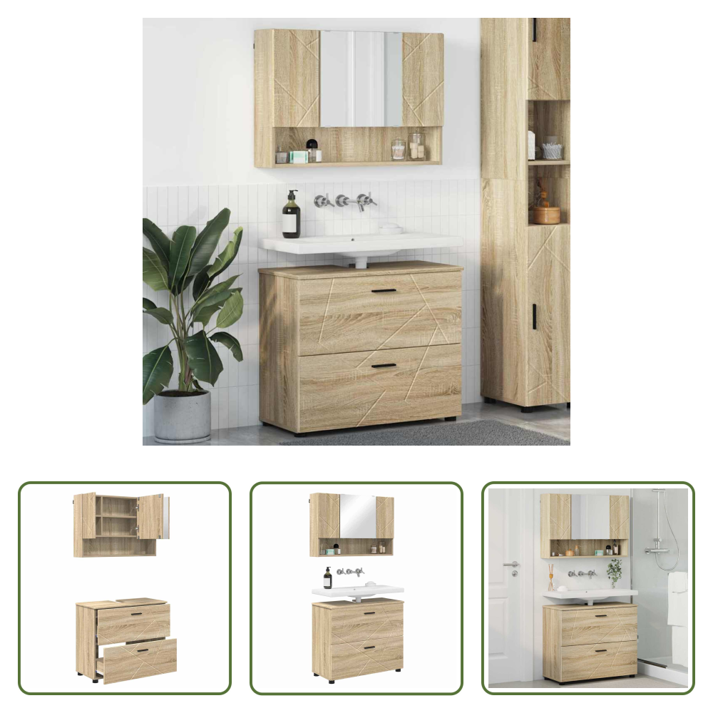 Vidaxl Flachspiegel - Badezimmermöbel-set 2 Pcs Sonoma-eiche Sperrholz Und Metall