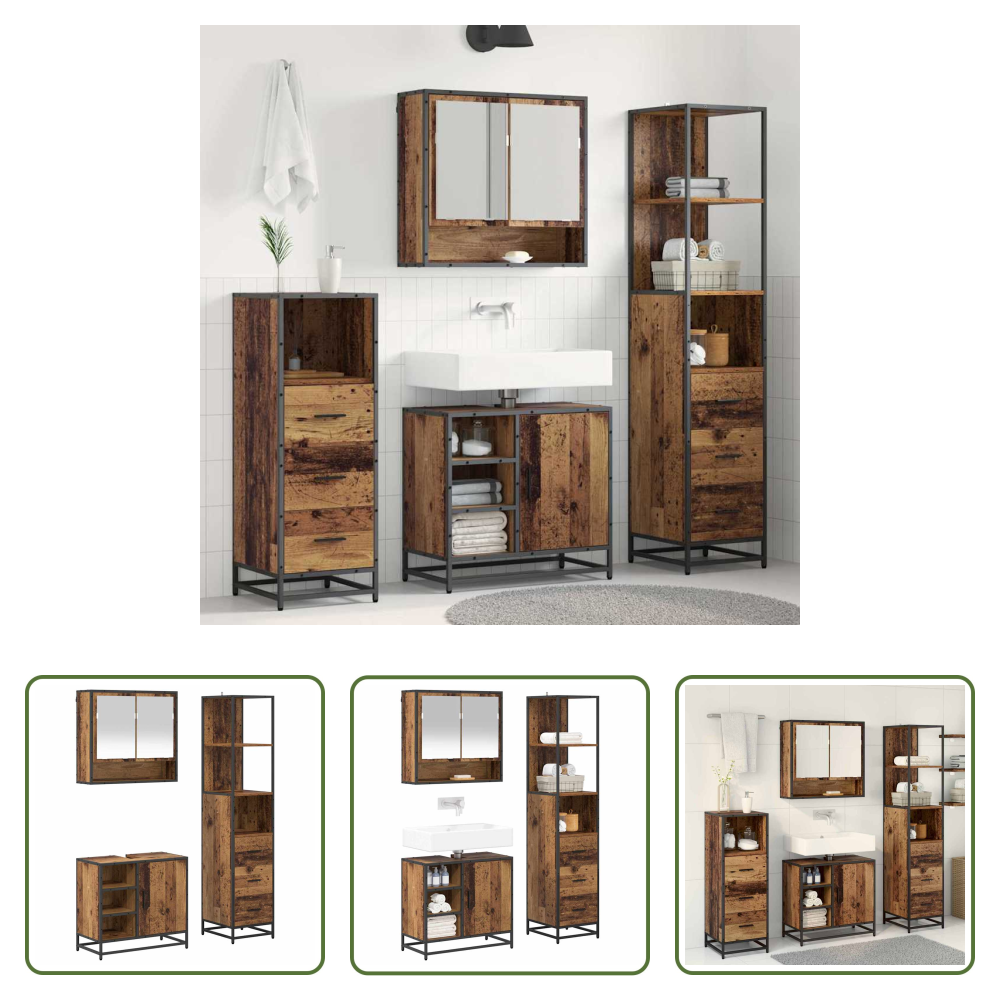 Vidaxl Flachspiegel - Badezimmermöbel-set Mit Schubladen 3 Pcs Altholz Holzwerkstoff