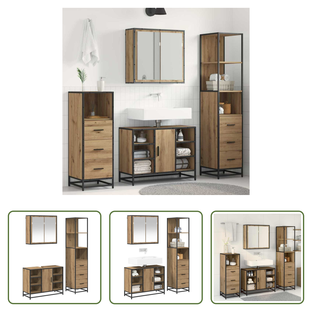 Vidaxl Holzwerkstoff - Badezimmermöbel-set Mit Regal 3 Pcs Artisan-eiche Holzwerkstoff