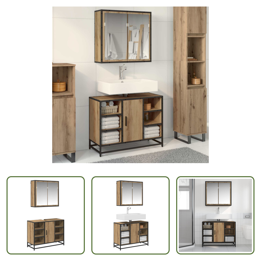 Vidaxl Holzwerkstoff - Badezimmermöbel-set Mit Regal 2 Pcs Artisan-eiche Holzwerkstoff