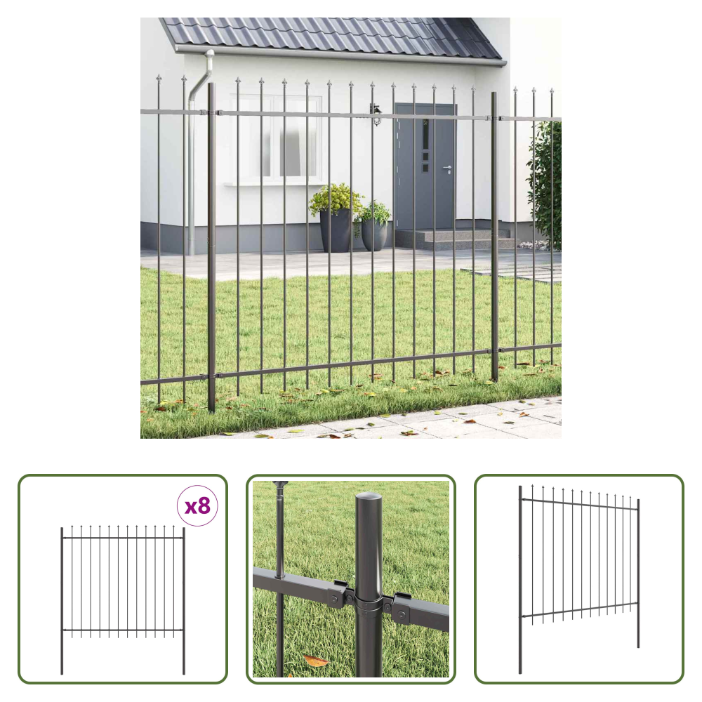 Vidaxl Pulverbeschichteter Stahl - Gartenzaun 8 Pcs Grau 13,6 X 1,5 M Pulverbeschichteter Stahl