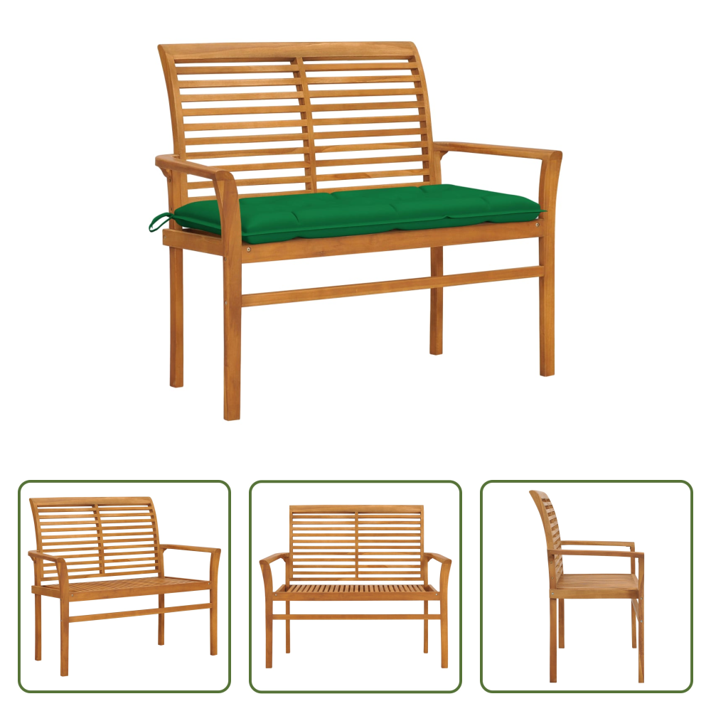 Vidaxl Teakholz Gartenbank - Gartenbank Mit Grüner Auflage 112 Cm Massivholz Teak