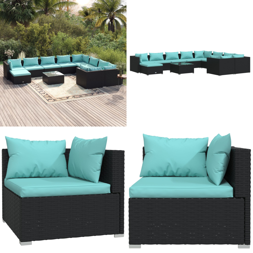 11-tlg. Garten-lounge-set Mit Kissen Poly Rattan Schwarz - Gartengeräte - Gartenmöbel - Loungemöbel - Outdoor Möbel - Rattanmöbel - Home & Living