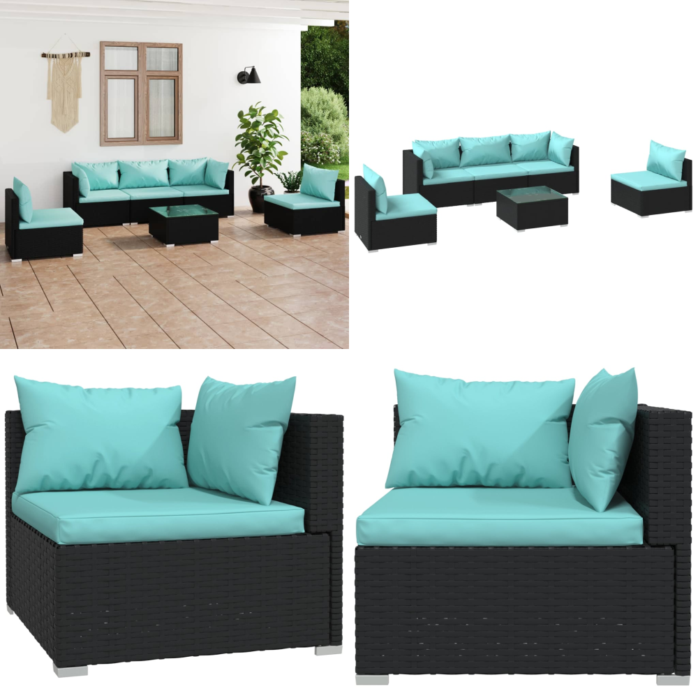 6-tlg. Garten-lounge-set Mit Kissen Poly Rattan Schwarz - Gartensofa - Lounge Set - Outdoor Furniture - Gartenmöbeln - Poolside Furniture - Home & Living