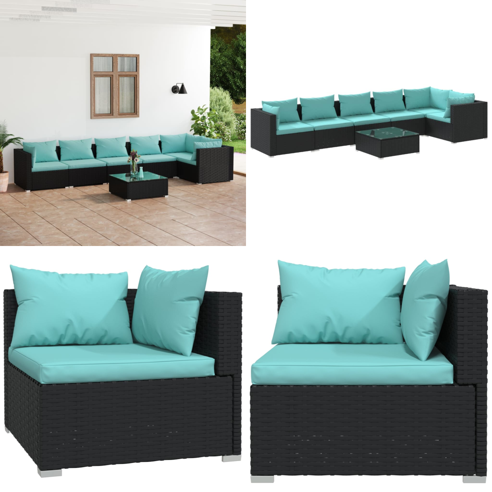 7-tlg. Garten-lounge-set Mit Kissen Poly Rattan Schwarz - Gartensortiment - Lounge Set - Gartenmöbel - Outdoor Möbel - Esszimmergarnitur - Home & Living