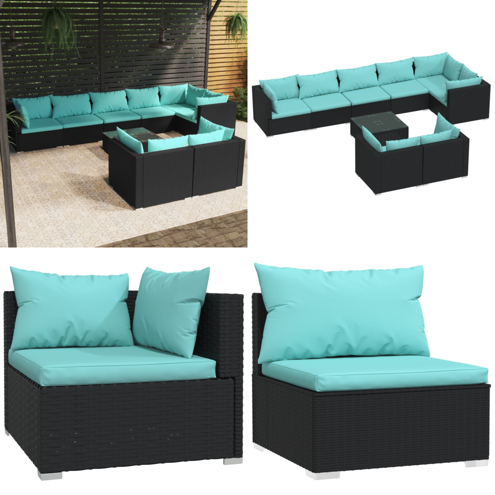 9-tlg. Garten-lounge-set Mit Kissen Schwarz Poly Rattan - Gartensorgafurniture - Loungeset - Gartenmöbeln - Rattanmöbel - Außenbereichs Möblierung - Home & Living