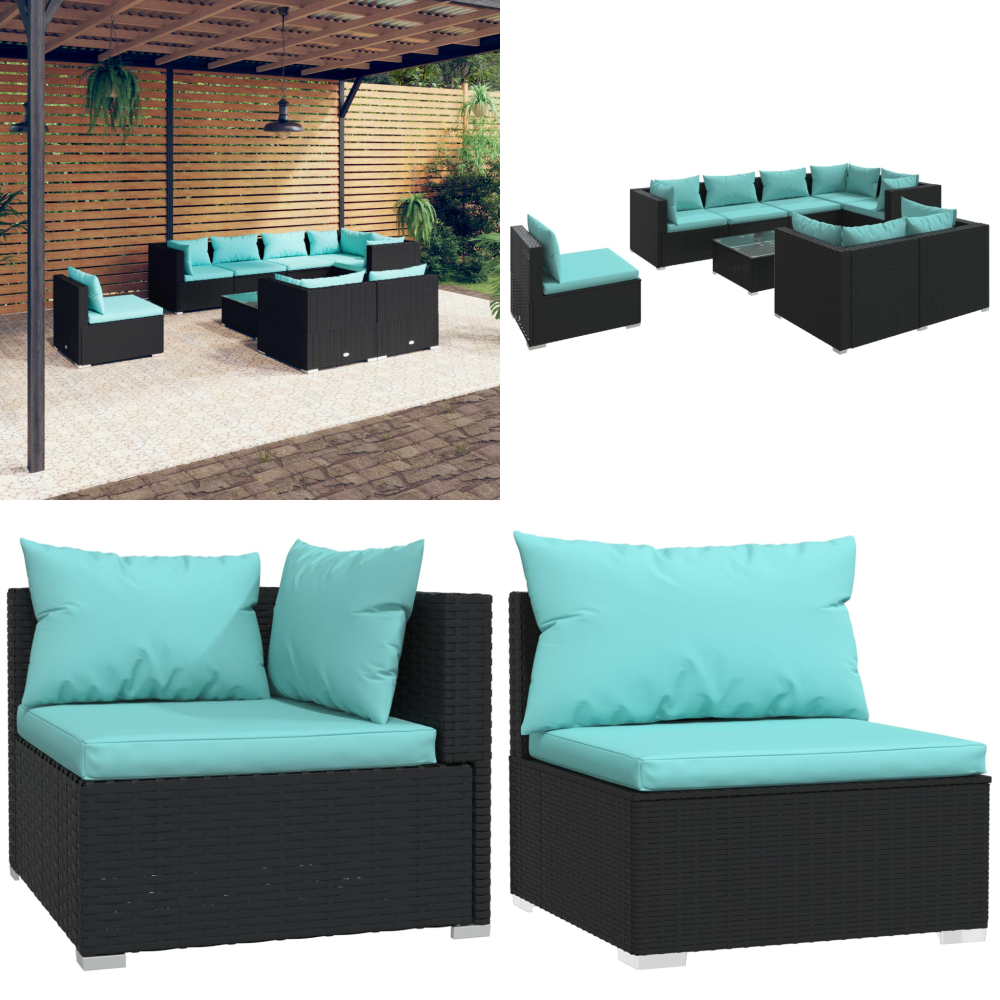 9-tlg. Garten-lounge-set Mit Kissen Poly Rattan Schwarz - Gartengeräte - Gartenmöbel - Lounge-set - Outdoor-möbel - Rattanmöbel - Home & Living