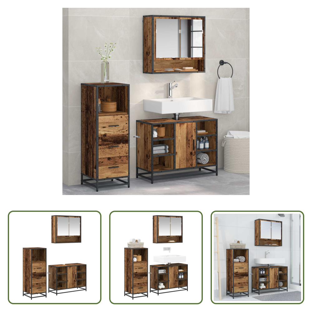 Vidaxl Holzwerkstoff - Badezimmermöbel-set Mit Schubladen 3 Pcs Altholz Holzwerkstoff