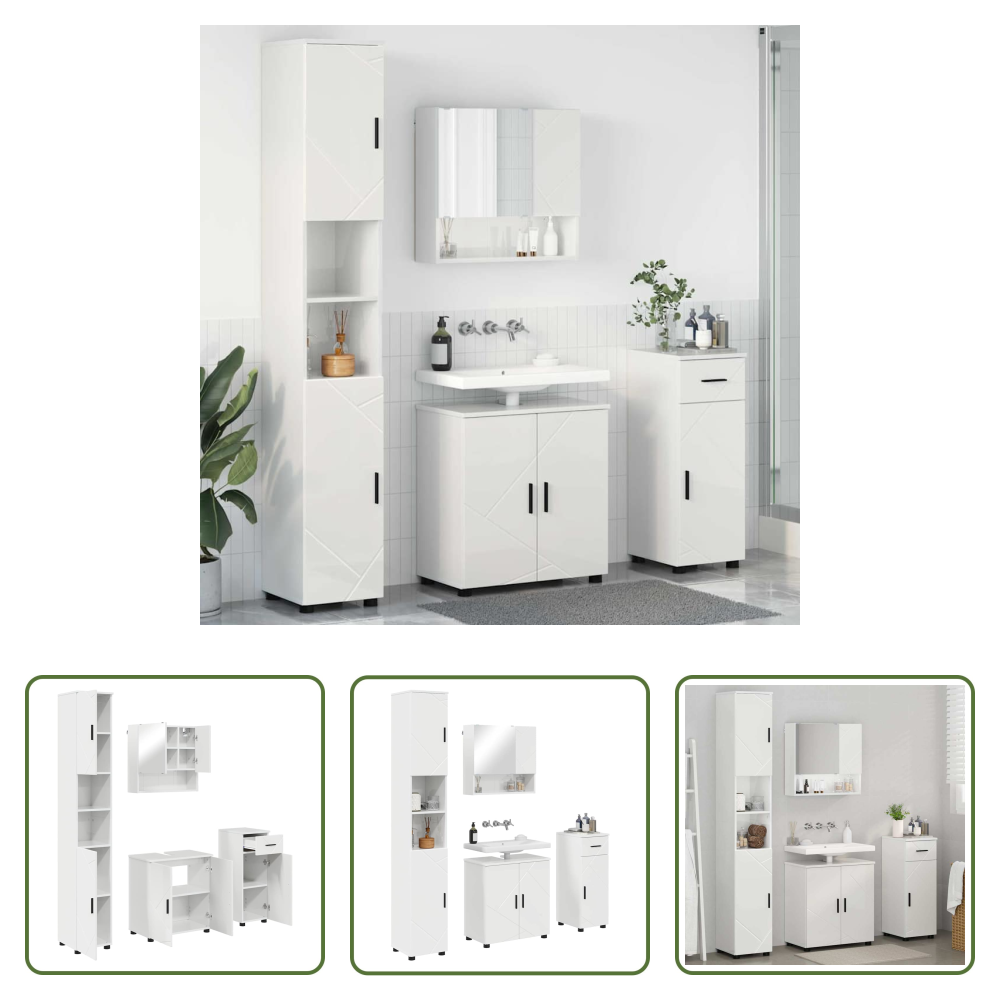 Vidaxl Badezimmer Set - Badezimmermöbel-set 4 Pcs Hochglanz Weiß Holzwerkstoff & Metall