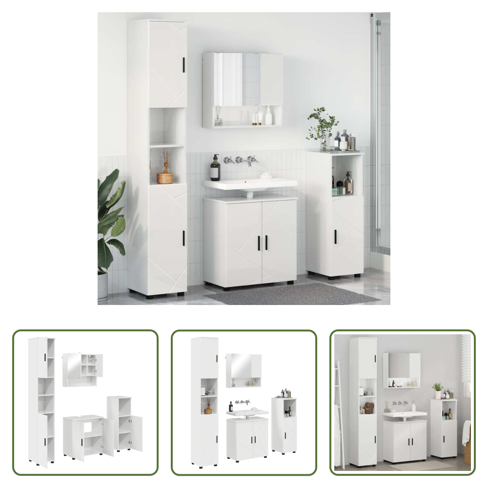 Vidaxl Badezimmer Schränke - Badezimmermöbel-set 4 Pcs Hochglanz Weiß Holzwerkstoff & Metall