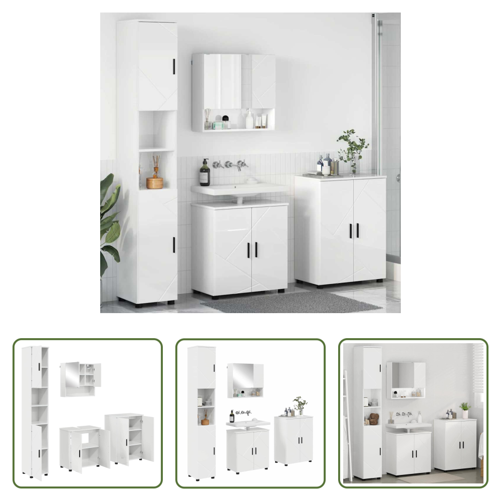 Vidaxl Holzwerkstoff - Badezimmermöbel-set 4 Pcs Hochglanz Weiß Holzwerkstoff & Metall