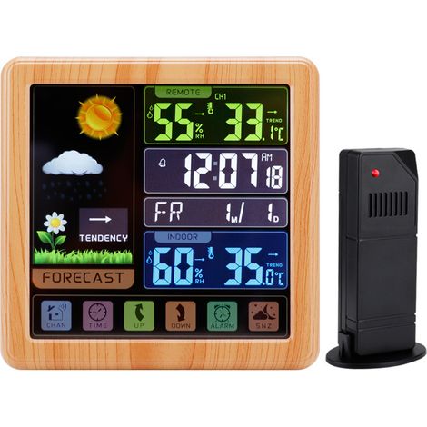 Age Drahtlose Wetterstation, Wetterstation Mit Lcd-farbbildschirm, Innen-/außenthermometer/hygrometer Mit Außensensor, Schlummeralarm (holzmaserung)