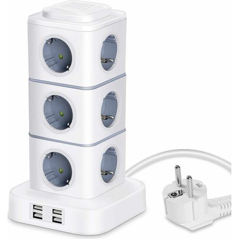 Age Tower-steckdosenleiste, 12 Steckdosen (2500 W / 10 A) Mit 4 Usb-anschlüssen, Überspannungsschutz, Vertikale Steckdosenleiste Für Zuhause Und Büro, 3 M Verlängerungskabel