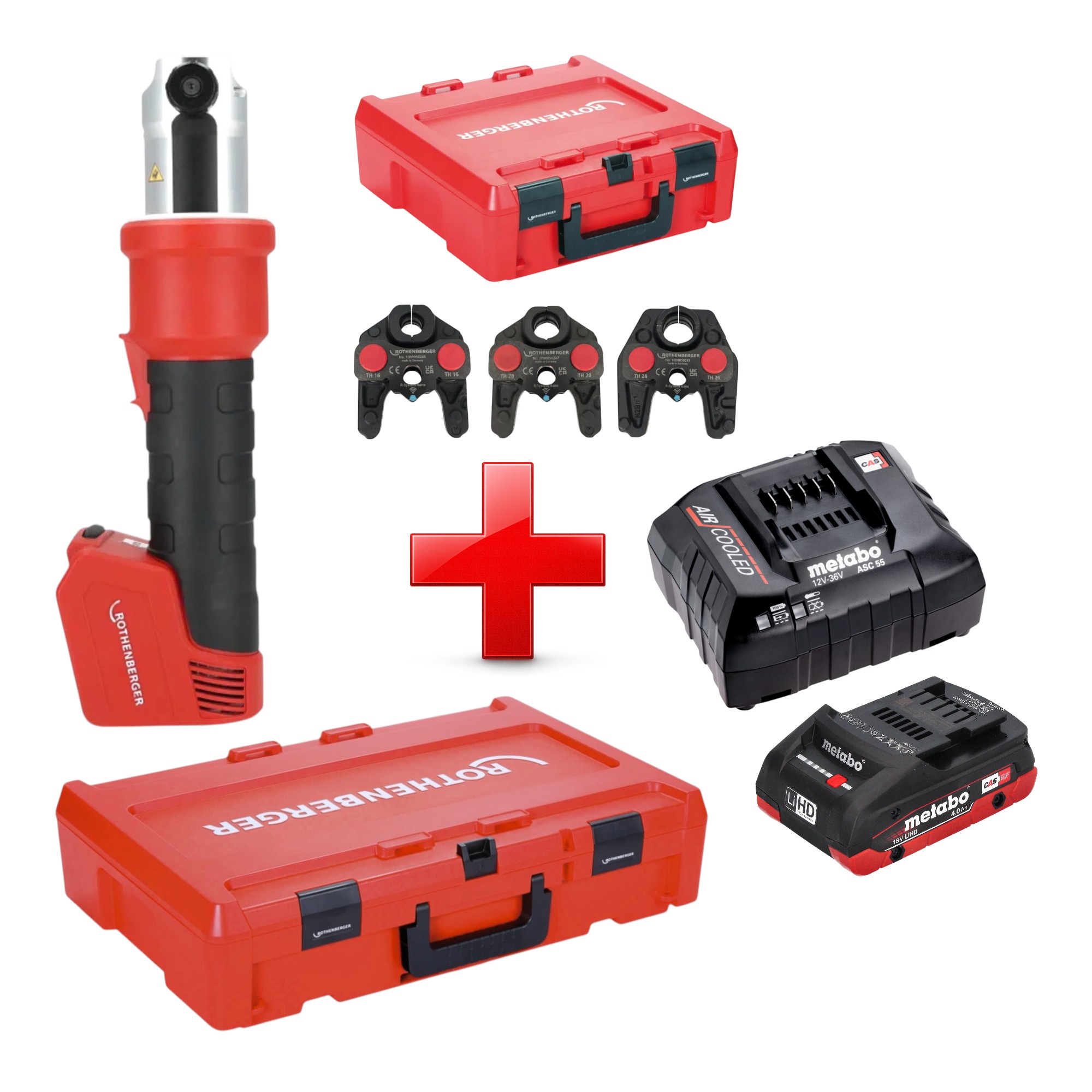 Rothenberger Romax Nano Akku Pressmaschine 18 V 34 Kn Cas + 1x Lihd Akku 4,0 Ah + Ladegerät + 3 Tlg. Th Pressbacken Set + Rocase