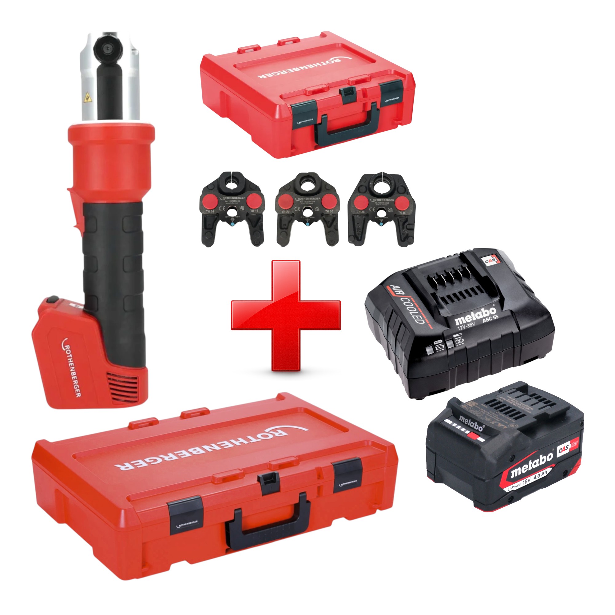 Rothenberger Romax Nano Akku Pressmaschine 18 V 34 Kn Cas + 1x Akku 4,0 Ah + Ladegerät + 3 Tlg. Th Pressbacken Set + Rocase