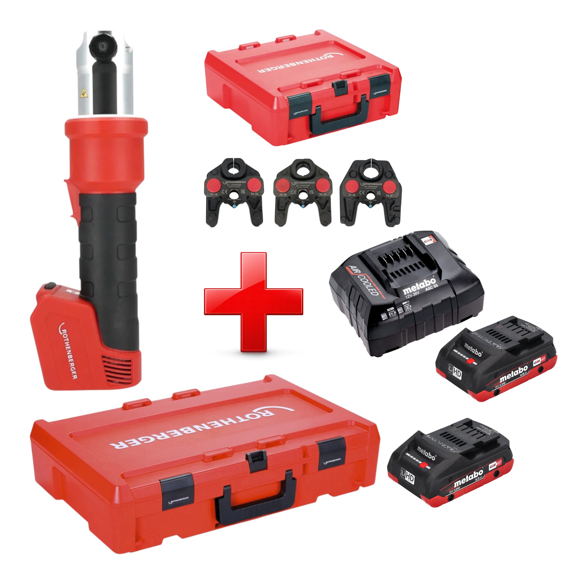 Rothenberger Romax Nano Akku Pressmaschine 18 V 34 Kn Cas + 2x Lihd Akku 4,0 Ah + Ladegerät + 3 Tlg. Th Pressbacken Set + Rocase