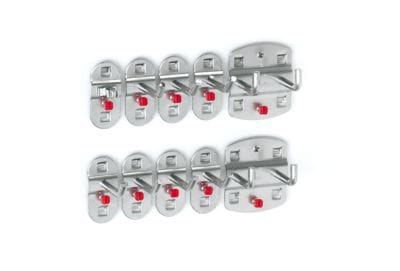 RasterPlan Werkzeughalter-Sortiment, 10-teilig alufarben. 7 Werkzeughalter mit schrägem Ende, 2 Doppelte Werkzeughalter, 1 Werkzeugklemme.