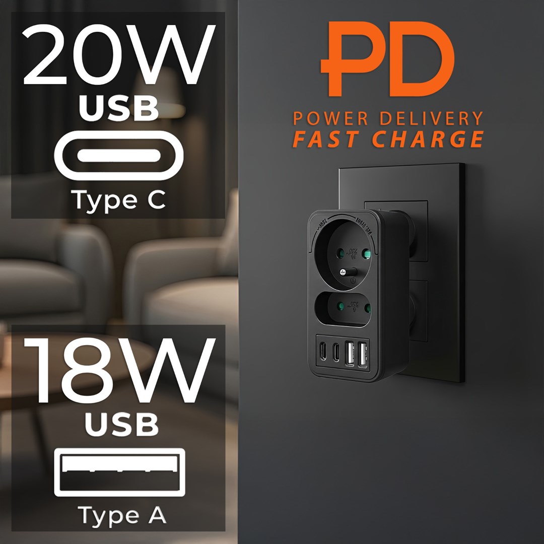 Maclean Current Socket X2 + 4xusb. Splitter With 2 Sockets. 2xusb A. 2xusb C Pd 20w. 1x16a + 1x6a. Mce249 F/b