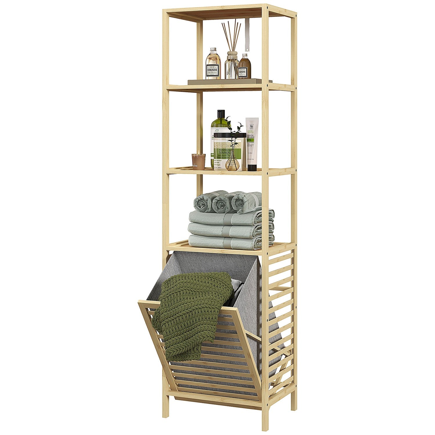 Bamboo Bathroom Shelf With 3 Levels And Fabric Basket