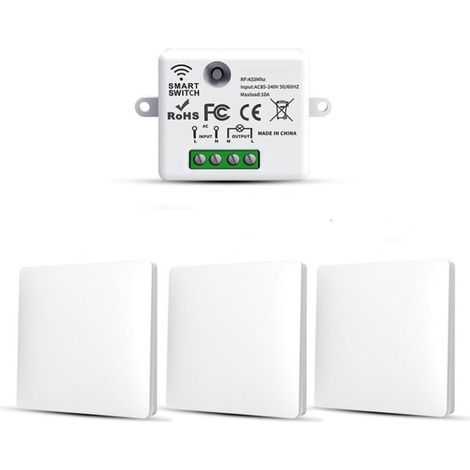 Lot De 3 Interrupteurs D'Éclairage Sans Fil Rf433 – Émetteur Et Récepteur 10a 240v – Installation Facile Sans Câblage – Longue Portée