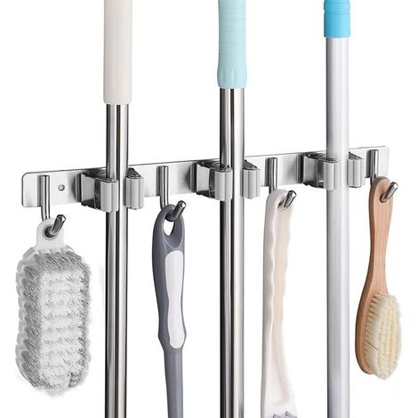 Accroche Murale Pour Balai Avec 3 Emplacements Et 4 Crochets – Organisation Cuisine, Salle De Bain, Garage Et Jardin