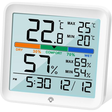 Digitales Hygrometer-thermometer Für Innenräume – Präzise Temperaturanzeige Mit Kalibrierung, Max/min-wert-aufzeichnung, Lcd-hintergrundbeleuchtung, Uhr Und Komfortsymbol