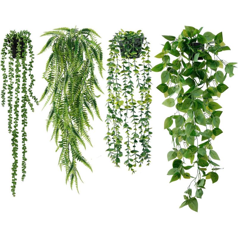 Set Mit 4 Realistischen Künstlichen Hängepflanzen, Dekorative Rankpflanzen Wie Efeu Und Weinreben, Für Die Innen- Und Außendekoration In Büros, Wohnzimmern, Balkonen Und Gärten