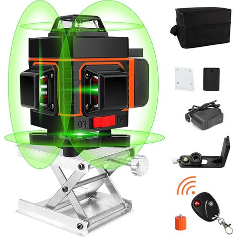 X 360° Selbstnivellierende Grüne Laser-nivelliergeräte, 4d-16-linien-kreuzlinienlaser Für Bauprojekte (vertikal/horizontal), 2 X Batterien, Schutzart Ip54, Drehbare Halterung, Mit Fernbedienung Und Tr
